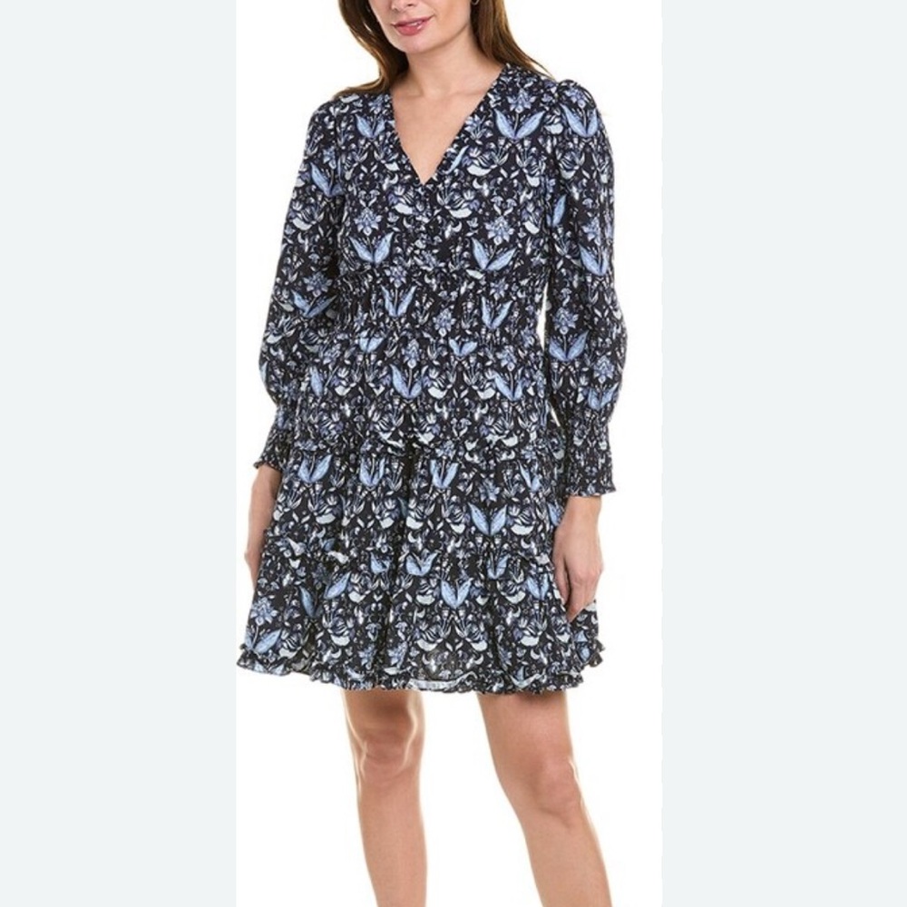 Navy Batike V-Neck Smocked Waist Dress